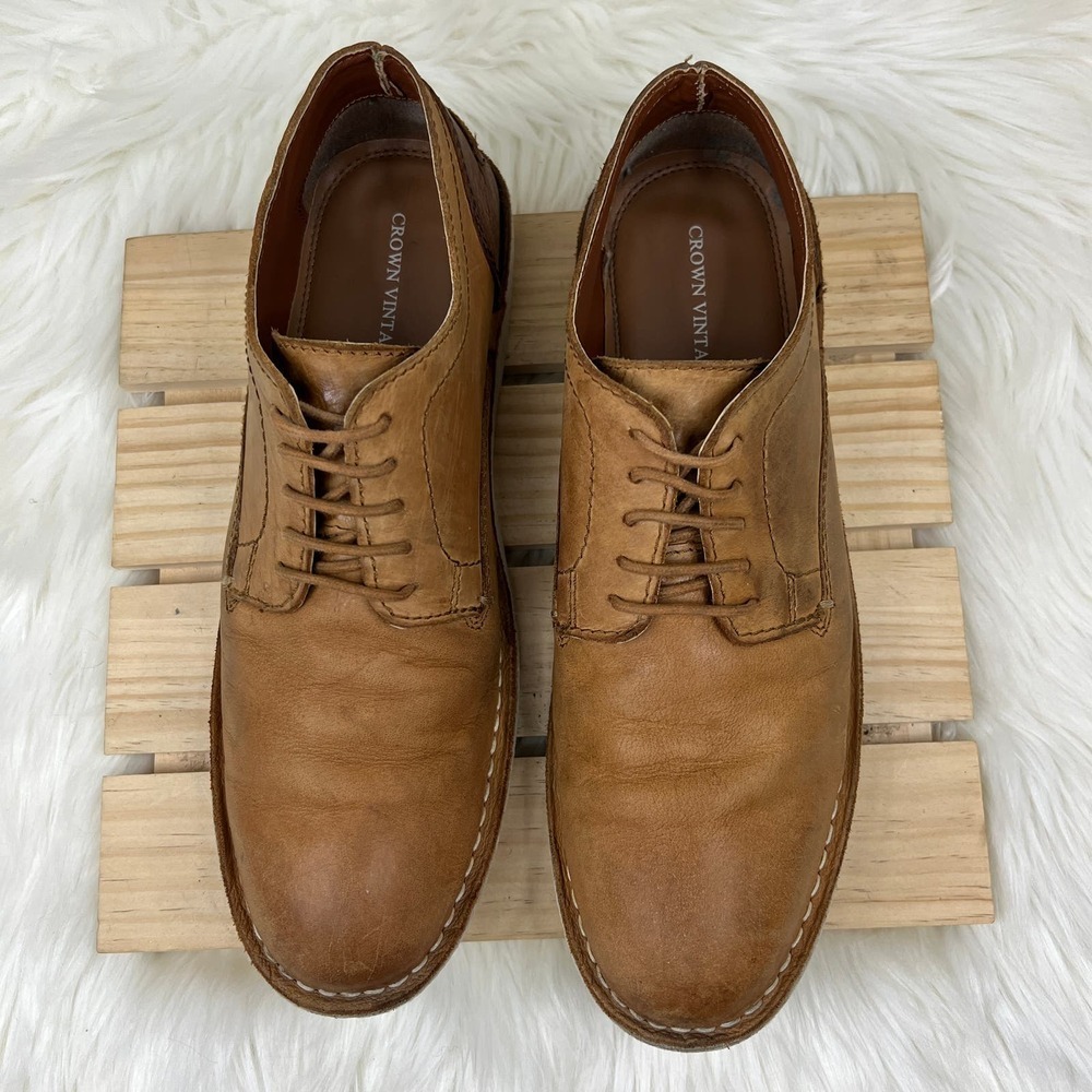 Crown Vintage Jaire 2 Stitch Cognac Brown Leather Oxford Dress Shoes Mens 9.5 - Picture 4 of 8
